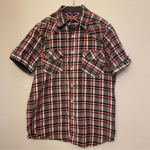 FOR HIM LONDON Union Jack Label casual Button Up Plaid Slim Fit Shirt -M